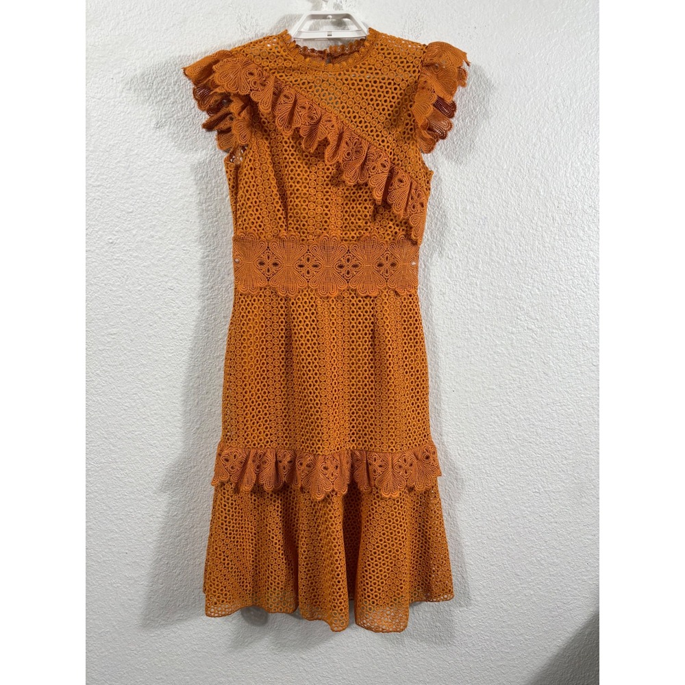 Saylor Rust Orange Guipure Lace Ruffle Tiered Midi Dress Small Open Back